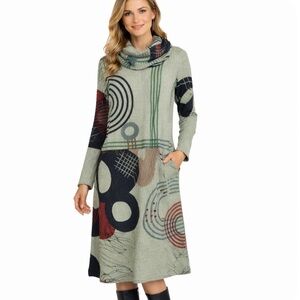 Inoah Long Cowl Neck Sweater Dress S Abstract Print Made in USA Knit Tunic Midi